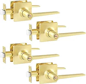 4 Pack Keyed Entry Lever Lock for Exterior Door and Front Door Lever Door Lock Handle Satin Brass Finish Reversible for Right/Left Handles