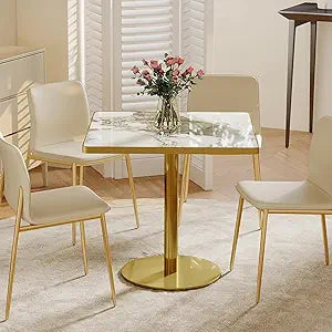 31.5" Square Dining Table with Sintered Stone Tabletop and Golden Metal Pedestal, Tulip Table for 2-4 Person, Bistro Table for Kitchen, Small Spaces, Living Room, Cafe (Glossy Pandora)