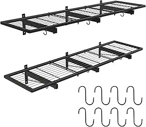 2 Pack Garage Wall Shelves, 46"X 12.5" Garage Shelving Wall Mounted, Heavy Duty Shelf Organizer with 8 Hooks, Black Floating Storage Metal Rack 320 LBS Capacity for Laundry Room, Office, Basement