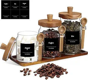 Suclain 3 Pcs Glass Coffee Container Set, 13.5,20,25 oz, Acacia Brown