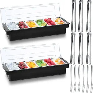 2 Ice Cooled Garnish Tray Deck Bar Garnish Caddy Condiment Containers with Lids and Removable Chilled Condiment Server with 6 Tongs and 6 Fruit Forks (6 Compartments)