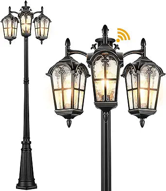 VIANIS Outdoor Post Lights Dusk to Dawn, Anti-Rust Vintage Lamp Posts Outdoor Lighting, 3-Head Aluminum Outdoor Street Fixture with Ripple Glass, Exterior Pole Lights for Yard Garden Driveway