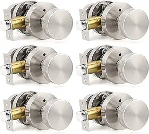 Orger Brushed Nickel Privacy Door Knobs Interior, Zinc Alloy Keyless Stain Nickle Door Knobs with Lock for Bedroom and Bathroom, Knurled Heavy Duty Silver Round Base Modern Doorknobs, 6 Pack
