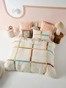 Boho Tufted Duvet Cover Set - 3 Piece Cotton Bedding Set, Soft Embroidered & Jacquard Comforter Covers with Pillowcases, Queen/King Sizes, Shabby Chic Farmhouse, Soft & Breathable (Twin, 80" x 90")