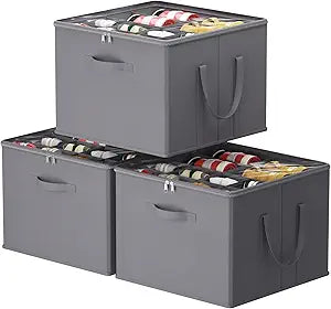 Lifewit Shoe Storage Organizer for Closet, Fabric Large Shoe Box Storage Containers with Clear Cover, Foldable Bins for Boots Heels Sneakers Fits 36-48 Pairs (Each 12-16 Pairs) 3 Pack Gray