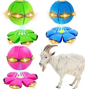 3PCS Goat Ball Toy with 6 Lights, Interactive Flying Saucer Disc Ball for Goat Dog Horse Enrichment Play Toy for Farm Sheep Cow (Blue and Green and Pink)