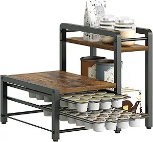 YATINEY Coffee Pod Drawer Holder, Holder for K Cup, Coffee Pod Organizer with 2-Tier Sliding Storage Drawer and Countertop, 56 Pods Capacity, Rustic Brown and Black KH01BR