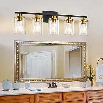 GROWER Bathroom Light Fixtures, 5-Light Bathroom Vanity Light, Vanity Lighting Fixtures Over Mirror with Clear Glass Shade, Black and Gold Vanity Lighting for Bedroom, Hallway