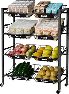 IBUYKE 25.2" W Kitchen Fruit Vegetable Storage Cart,Metal Rolling Snack Cart with 8 Removable Basket,Utility Pantry Cart with Wheels for Veggie Onion Potato Bin, Black UTLJ025B