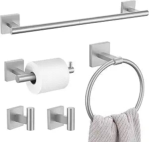5 Pieces Bathroom Hardware Set, Brushed Nickel Towel Bar Set Includes 23.6 Towel Bar, Towel Ring Holder, Toilet Paper Holder and Two Towel Hooks, Bathroom Accessories Set SUS304 Wall Mounted