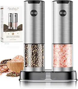 Electric Salt and Pepper Grinder- Automatic Battery Pepper Mill Shakers Kitchen Essentials for New Home Adjustable Coarseness Upgraded Larger Capacity with Led for Housewarming Gifts