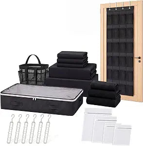 Hosuly 18 Pcs Complete College Dorm Essentials Set XL Twin Comforter Set Over The Door Shoe Organizer Under Bed Storage Containers Towel Laundry Bags Mesh Shower Caddy College Room Accessories(Black)