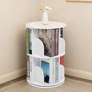 2 Tier Rotating Bookshelf Tower Spinning Bookshelf Revolving 360Bookcase Storage Round Carousel Vertical Rotate Turning Spiral Corner Organizer Lazy Susan White.making it ideal for desks, nightstands