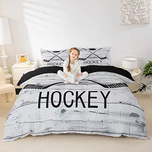 Boys Ice Hockey Duvet Cover 3Pcs, Winter Sports Games Bedding Set Full For Kids Teens Men, Rustic Farmhouse Comforter Cover Country Wooden Barn Door Bedspread Cover, Ice Hockey Gifts For Women
