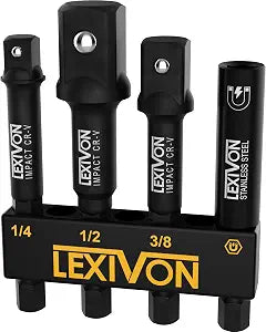 LEXIVON Impact Socket Adapter & Magnetic Bit Holder Set | 4 Pieces of 1/4-Inch Hex Shank Extension to 1/4", 3/8", and 1/2" Drive | Includes Organizer Rack (LX-104)