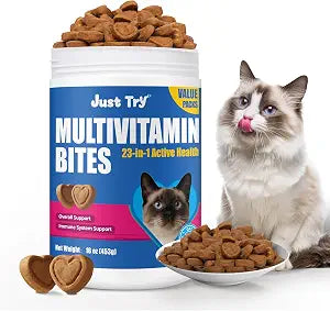 Just Try 23 in 1 Taurine for Cats Vitamins Treats with L-Lysine for Immune, Joint Support Skin & Coat & Heart Health - Multivitamin, HIV Omega 3, Biotin Supplements for Indoor & Senior Cat - 16 oz