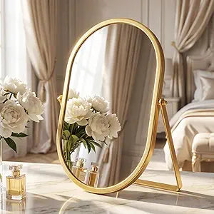 Nuanchu Vintage Gold Vanity Mirror with 360 Rotation Oval Tabletop Makeup Mirror Decorative Desktop for Bedroom Bathroom Dresser