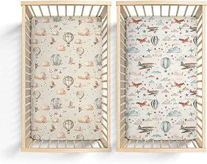 2 Pack Hot Air Balloon Plane Clouds Stars Pattern Baby Sheets for Crib, Unisex Hot Air Balloon Nursery Fitted Bed Sheet for Boys Girls Standard Crib and Toddler Mattress-28x52