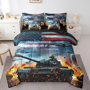 Erosebridal 7 Piece Tank Comforter Set Twin,American Flag Bedding Set with Sheets for Kids Boys Teen Military Them Bed in A Bag,Reversible Fighter Plane Airplane Bed Set with Comforter