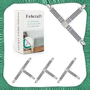 Bed Sheet Straps-4 Pcs Adjustable Fitted Sheet Straps with Sewing Leather Quiet and Non Slip Bed Sheet Clips,Elastic Sheet Suspenders for King Queen Bed Suqare Round(Black)