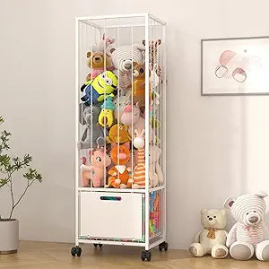 BUKFEN Metal Stuffed Animal Storage Zoo Toy Organizer - Large Capacity Plush Holder with Adjustable Elastic Cords & 4 Wheels, Vertical Space-Saving Design for Kids Nursery Playroom Bedroom,White