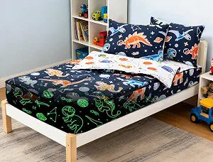A Nice Night Zippered Comforter Set, Glow in The Dark Kids Comforter Set Dinosaur Galaxy Printed, Space Bedding Set Twin Size for Boys Girls