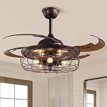 Siljoy Retractable Ceiling Fan with Light Industrial Rust Caged Ceiling Fan with Lights and Remote Farmhouse 6 Speeds Reversible Fandelier for Living Room Bedroom Patio 48 Inches, 5 Lights