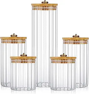 FANTESTICRYAN Glass Storage Jars Set of 5, Decorative Coffee Bar Container with Airtight Bamboo Lid Metal Ring for Home Kitchen Storing Candy, Cookie, Pasta, Nuts, Oatmeal and Bathroom Salt