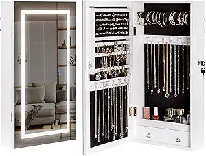 LAVIEVERT Jewelry Armoire with LED Lighted Mirror, Wall/Door Mounted Frameless Mirror with 3 Color Lights, Lockable Jewelry Cabinet Hanging Jewelry Organizer with 2 Drawers - White