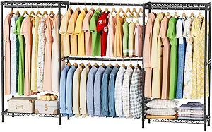 SINGAYE Clothes Rack Portable Closet Coat Wardrobe Heavy Duty Clothing Racks System Organizers and Storage for Hanging Clothes Garment Rack Adjustable with Shelves Black