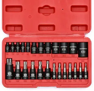 MIXPOWER 25 Piece Torx Bit and Socket Set, 13 Star Bits (T8- T60) & 12 E-Torx Sockets (E4-E22), Professional Grade Auto & Motorcycle Mechanic Set
