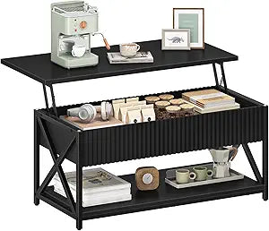 CHOEZON 39.4" Lift-Top Coffee Table, Fluted Coffee Table with Hidden Compartment and Storage Shelf, Lift Tabletop, for Living Room, Office, Black TKF10BB
