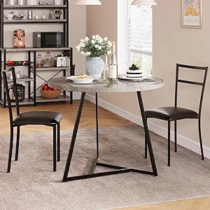 Dining Table and Chairs for 2, Round Dining Room Set with 2 Placemats, 3 Piece Set for Small Spaces, Rustic Gray