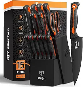 Knife Block Set -15 PCS Dishwasher Safe Kitchen Knife Set, High Carbon Stainless Steel, Razor-Sharp knives set with sharpener, Non-Slip Handles, Elegant Box for Her Him Women Dad Father