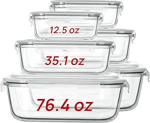 Vtopmart 2.26L/76oz Extra Large Glass Food Storage Containers with Lids, 6 pack Meal Prep Container Set, Airtight Lunch Boxes with Snap Locking Lids for Microwave, Oven, Freezer, Dishwasher