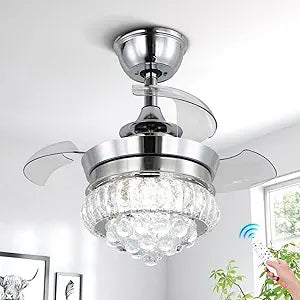 22" LED Crystal Ceiling Fan with Light Bedroom Small Fandeliers Dimmable 6 Speed Timing Chandeleir Fan with Lights for Bedroom Living Room (2201 Silver)