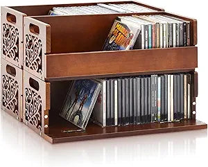 CroBlissful 4 Set Wooden Cd Holder, Stackable Cd Storage Rack with Handles, Magnetic Front-opening Design, Compact Media Organizer for Home Office & Living Room, Each Set Holds up to 36 Cases (Brown)