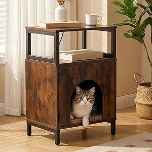 Cat Side Table with Charging Station & Storage Shelf, Small End Tables with Cat Cave & Scratcher Pad for Living Room, Small Spaces, Bedroom, Office, Easy Assembly, Space Saving, Brown