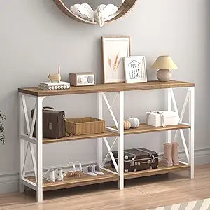 IBF Farmhouse Entryway Table, Wood TV Console Table, Rustic Metal Sofa Table, Industrial Hallway Tables with Storage Shelves, Modern Foyer Tables for Front Entry Way, White and Rustic Oak, 47 Inch