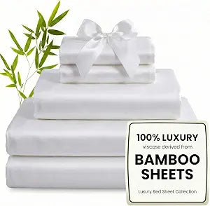 YIYEA 100% Viscose Derived from Bamboo Sheets, 600 Thread Count Cooling Bed Sheet Set for Hot Sleepers, Silky Soft, Breathable, 16" Deep Pocket, 4PC, Queen, White