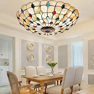 Tiffany Ceiling Lights, Stained Glass Ceiling Light 3-Lights Tiffany Flush Mount Ceiling Light for Bedroom Dining Living Room Entryway Foyer Blue Colorful Lilac lampshade,Colorful,16in