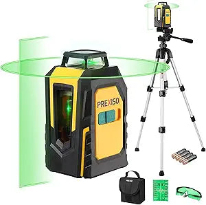 PREXISO 360 Laser Level with Tripod, 100Ft Self Leveling Cross Line Laser- Green Horizontal Line for Construction, Floor Tile, Renovation with Target Plate, Green Glasses, Carry Bag, 4 AA Batteries