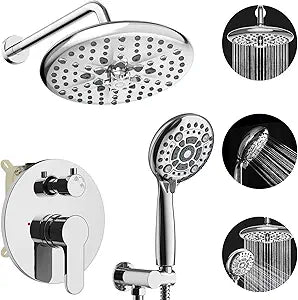 EMBATHER Shower Faucet Sets - Overhead Rain Head Shower System with High Pressure Handheld Complete Combo and Mixer Valve Trim Kit - Polished Chrome Rainfall Shower Fixture for Luxury Bathroom