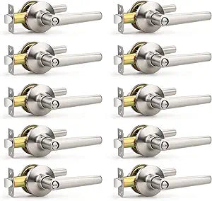 10 Pack Privacy Brushed Nickel Door Handles, Door Lever with Door Knobs Indoor for Bedroom or Bathroom, Heavy Duty Door Handles Interior with Locks for Left Right Sided Doors, Satin Nickel