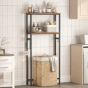 HOOBRO Over The Toilet Storage, 2-Tier Bathroom Organizer Over Toilet, Freestanding Bathroom Storage Shelves with Toilet Paper Holder and Hooks, Space Saver for Room, Rustic Brown and Black BF49TS01