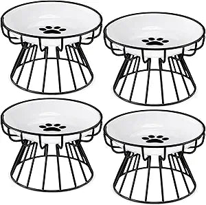 Roshtia 4 Sets Elevated Cat Bowls Ceramic Raised Cat Food Bowls with Metal Stand Dishwasher Safe Dishes Non Slip Elevated Food Plate(Black,Paw)