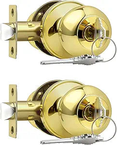 Probrico 2 Pack Polished Brass Ball Door Knobs Entry Lock with Keys, Keyed Alike Door Locksets, Interior Exterior Keyed Hardware