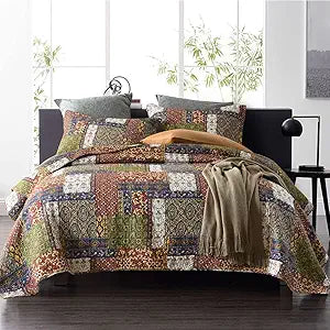 ENASAL Cotton Bedspread Quilt Bedding Sets Reversible Coverlet Comforters Brown Bohemian Patchwork Pattern Bedspread, King Size | Breathable material