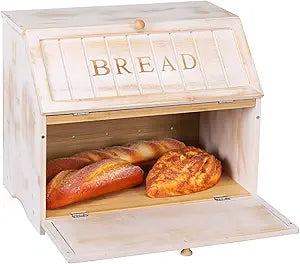 HOMEKOKO Vintage Double Layer Large Bread Box for Kitchen Counter, Retro Design Wooden Large Capacity Bread Storage Bin (White)