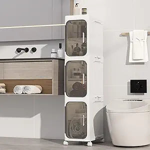 3-Tiers Slim Bathroom Storage Cabinet, Foldable Storage Cabinets,Narrow Bathroom Storage,Movable Bathroom Storage Organizer for Small Spaces,Bathroom,Kitchen,Laundry,White